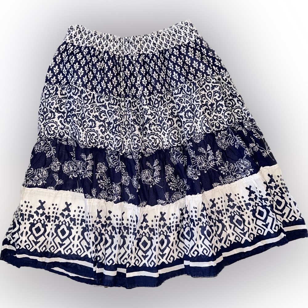 Blue and White Tiered Ruffle Pattern XL Midi Skirt